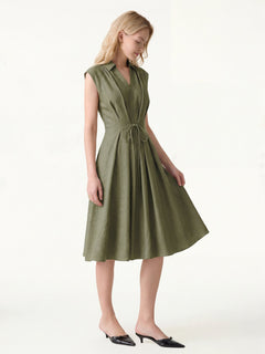 Viscose-Linen V-neck Midi Dress with Drawstring