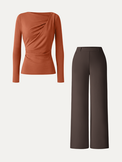 2Pcs Set Asymmetrical Neck Long Sleeve Top & Slimming High Rise Wide Leg Pant