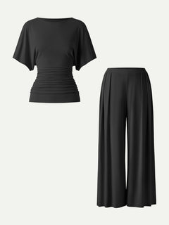 2Pcs Set Boatneck Sleeve Top & Wide Leg Palazzo Pant with Pockets