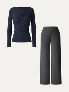 2Pcs Set Asymmetrical Neck Long Sleeve Top & Slimming High Rise Wide Leg Pant