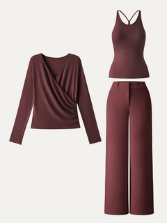 2Pcs Set Cami with Surplice Ruched Top & Mid Rise Fly-Front Wide Leg Trouser