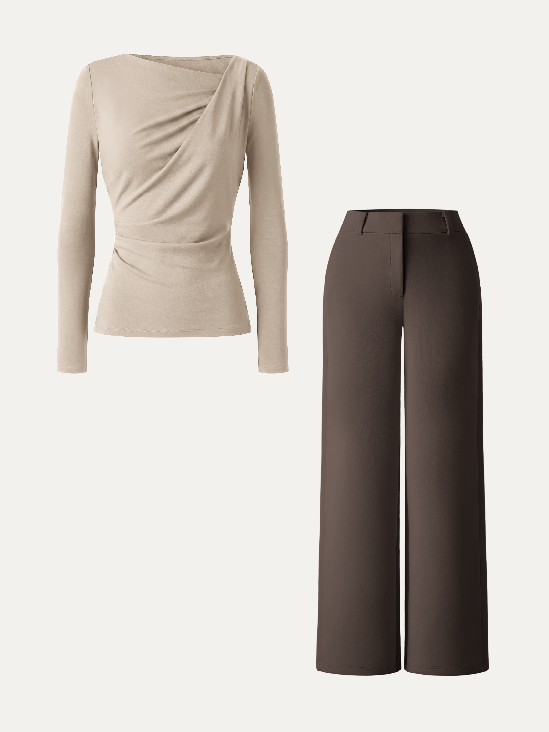 2Pcs Set Asymmetrical Neck Long Sleeve Top & Mid Rise Wide Leg Trouser