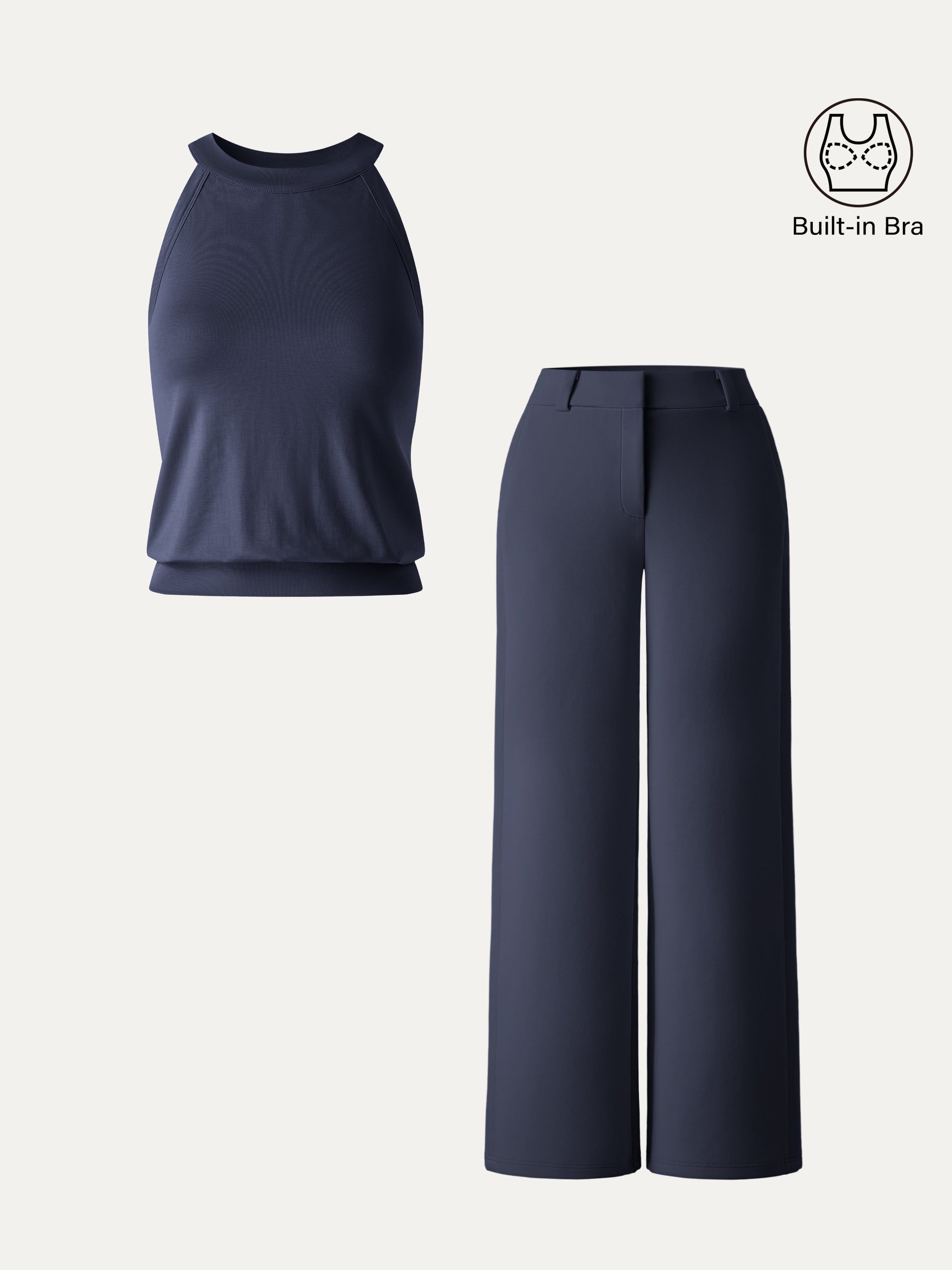 2Pcs Set Halter Neck Bra Top & Mid Rise Fly-Front Wide Leg Trousers