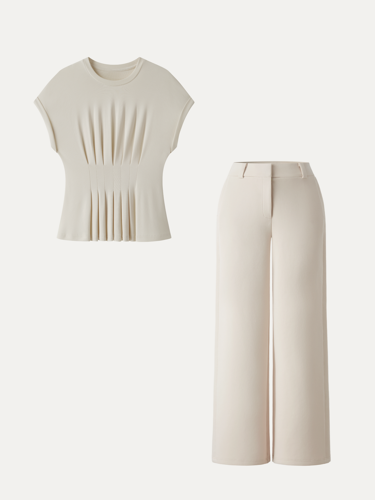 2Pcs Set Round Neck Tee & Mid Rise Fly-Front Wide Leg Trousers