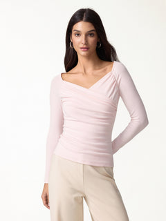 2Pcs Set Surplice Long Sleeve Ruched Top &  A-Line Midi Skirt