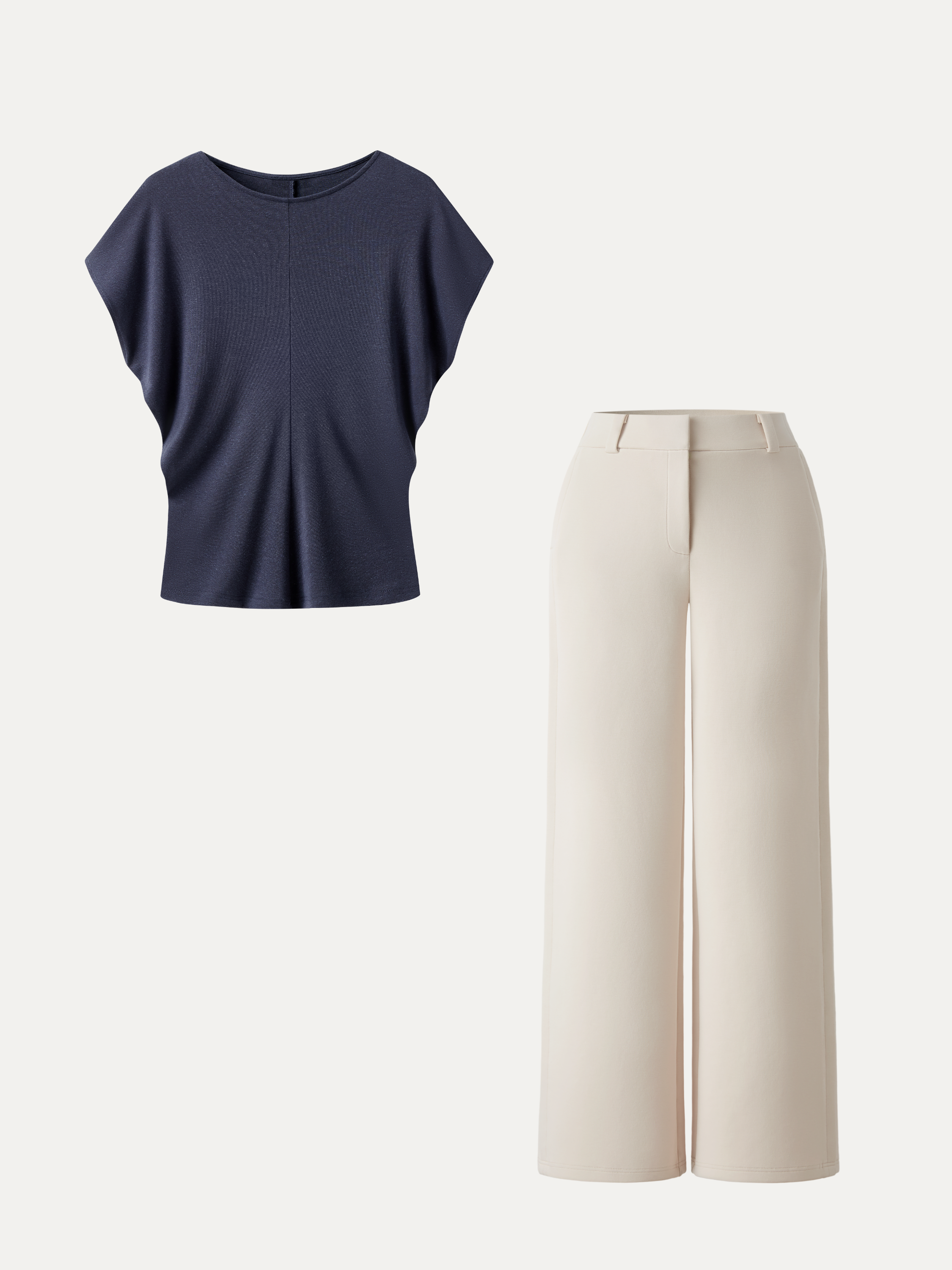 2Pcs Set Round Neck Relaxed Top & Mid Rise Fly-Front Wide Leg Trousers