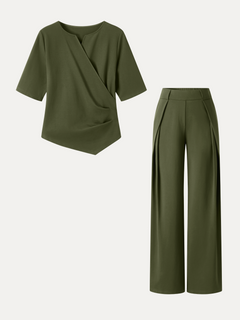 2Pcs Set Surplice Elbow Sleeve Top & Mid-Rise  Wide-Leg Tuck Pants with Pockets
