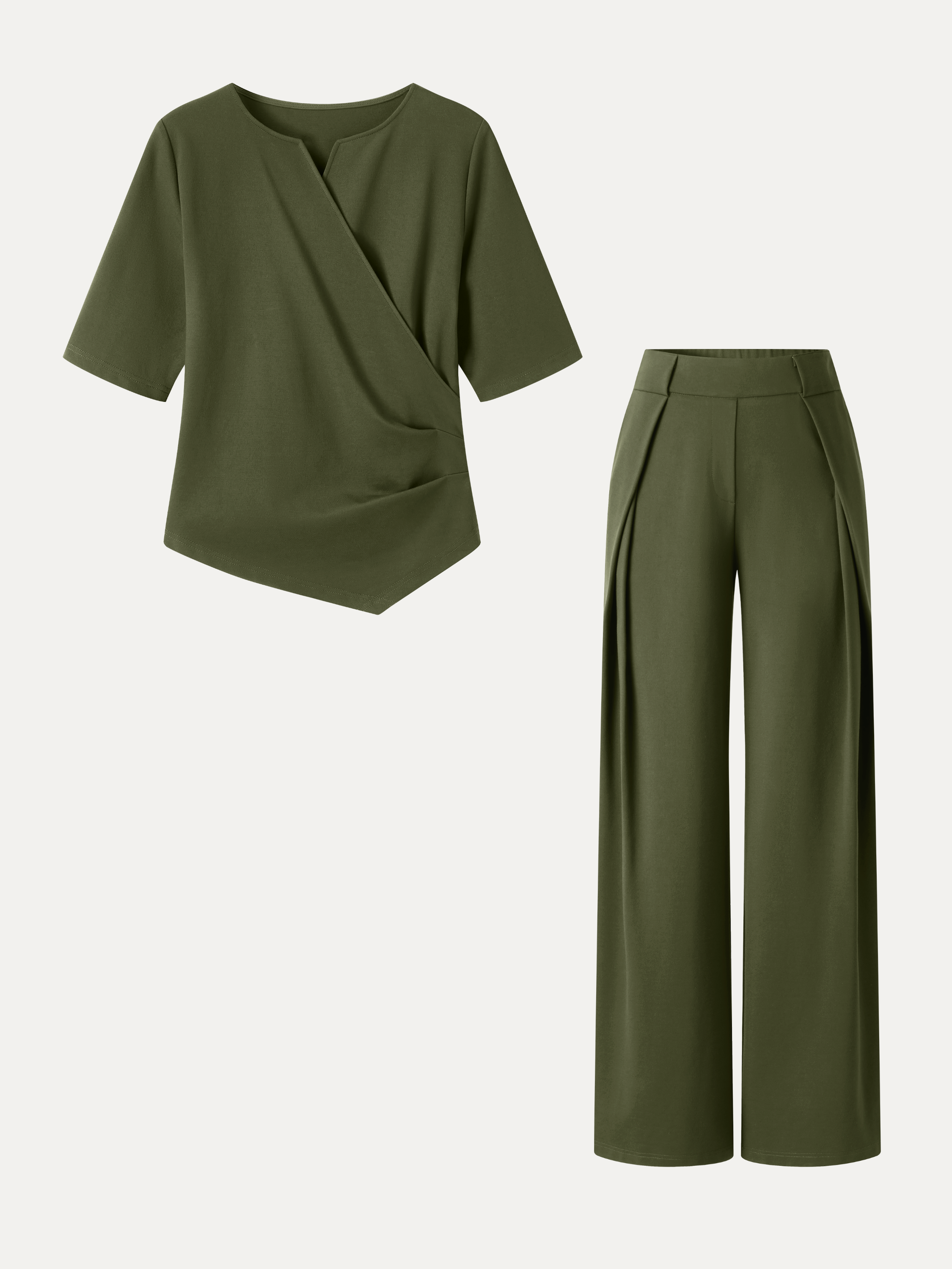 2Pcs Set Surplice Elbow Sleeve Top & Mid-Rise  Wide-Leg Tuck Pants with Pockets