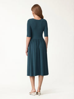 Eco-Mousse® Round Neck Elbow Sleeve Fit-and-Flare Midi Bra Dress with Pockets