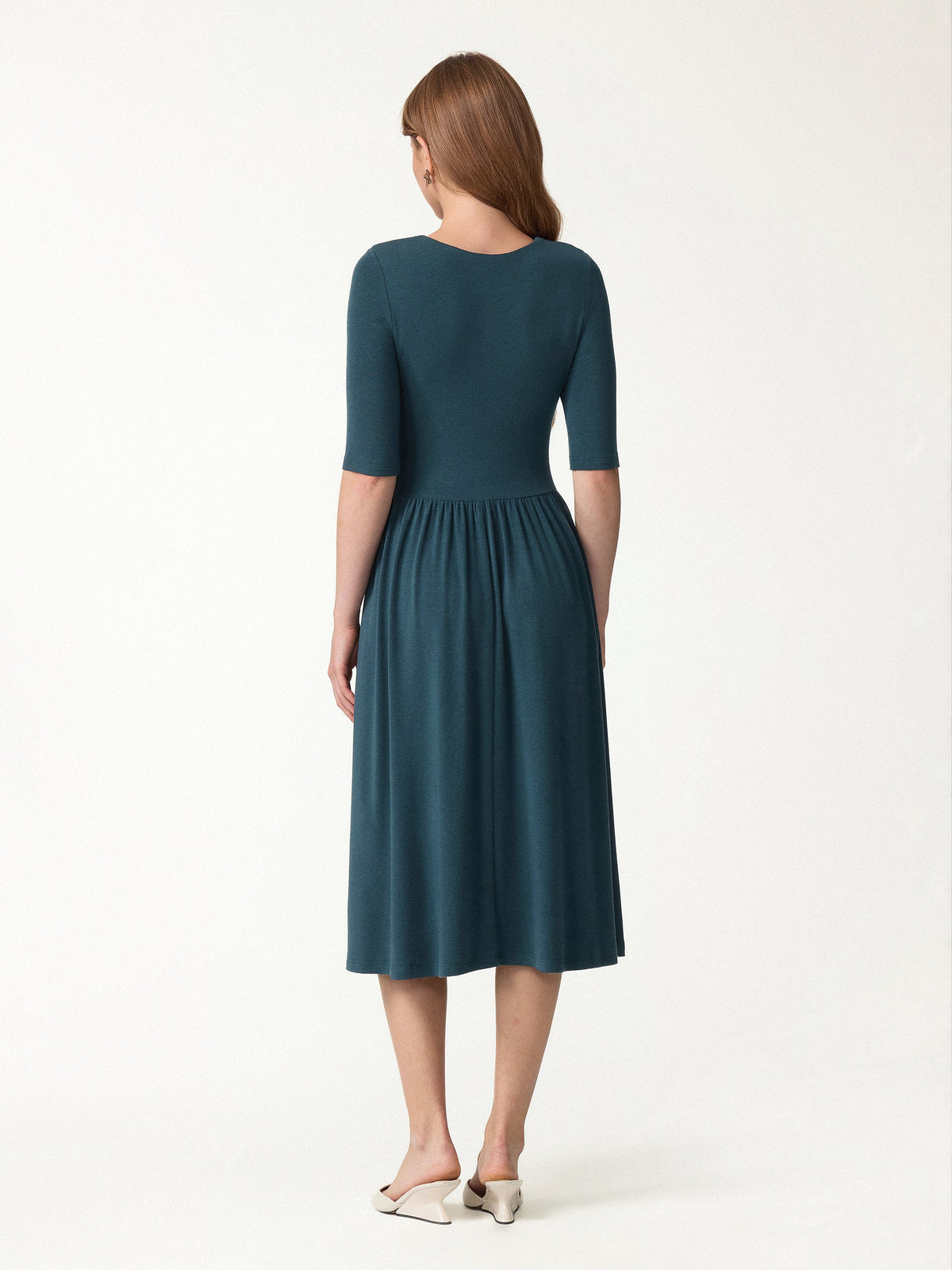 Eco-Mousse® Round Neck Elbow Sleeve Fit-and-Flare Midi Bra Dress with Pockets