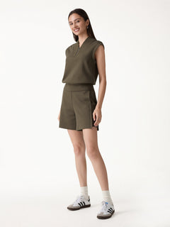 2Pcs Set Banded Hem Travel Top & Shorts with Pockets