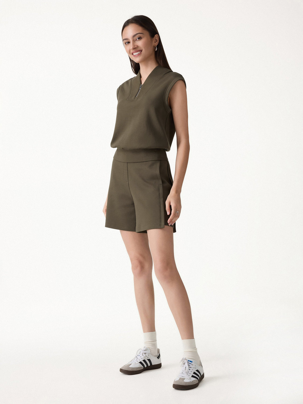 2Pcs Set Banded Hem Travel Top & Shorts with Pockets
