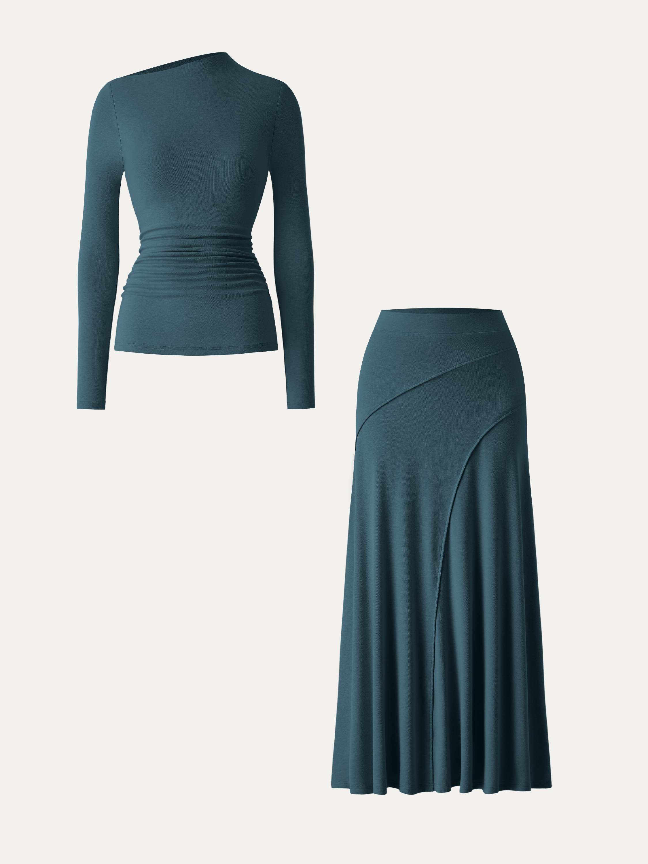 2Pcs Set Asymmetrical Long Sleeve Bra Top & A-Line Midi Skirt