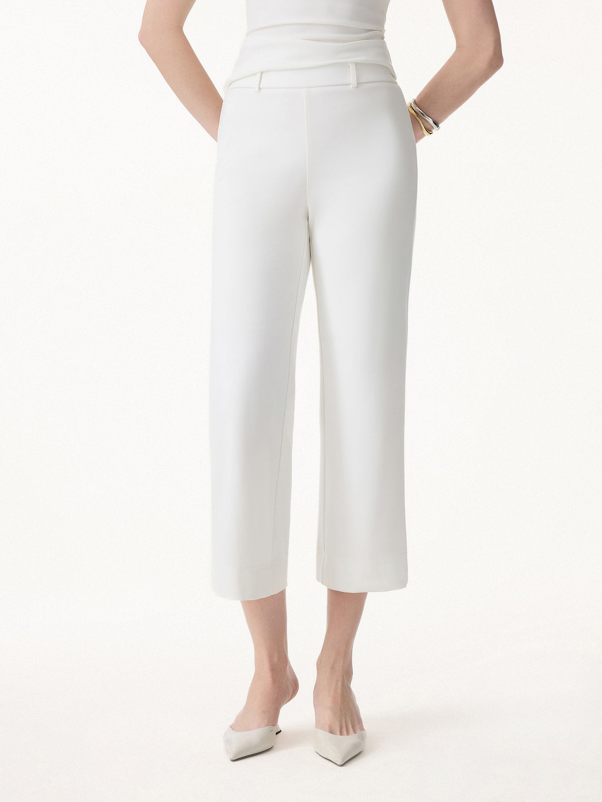 Not-See-Thru Mid Rise Cropped Wide Leg Pants with Pockets