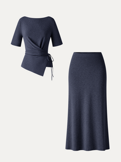 2Pcs Set Short Sleeve Tie-Side Top & Side-Slit A-Line Midi Skirt