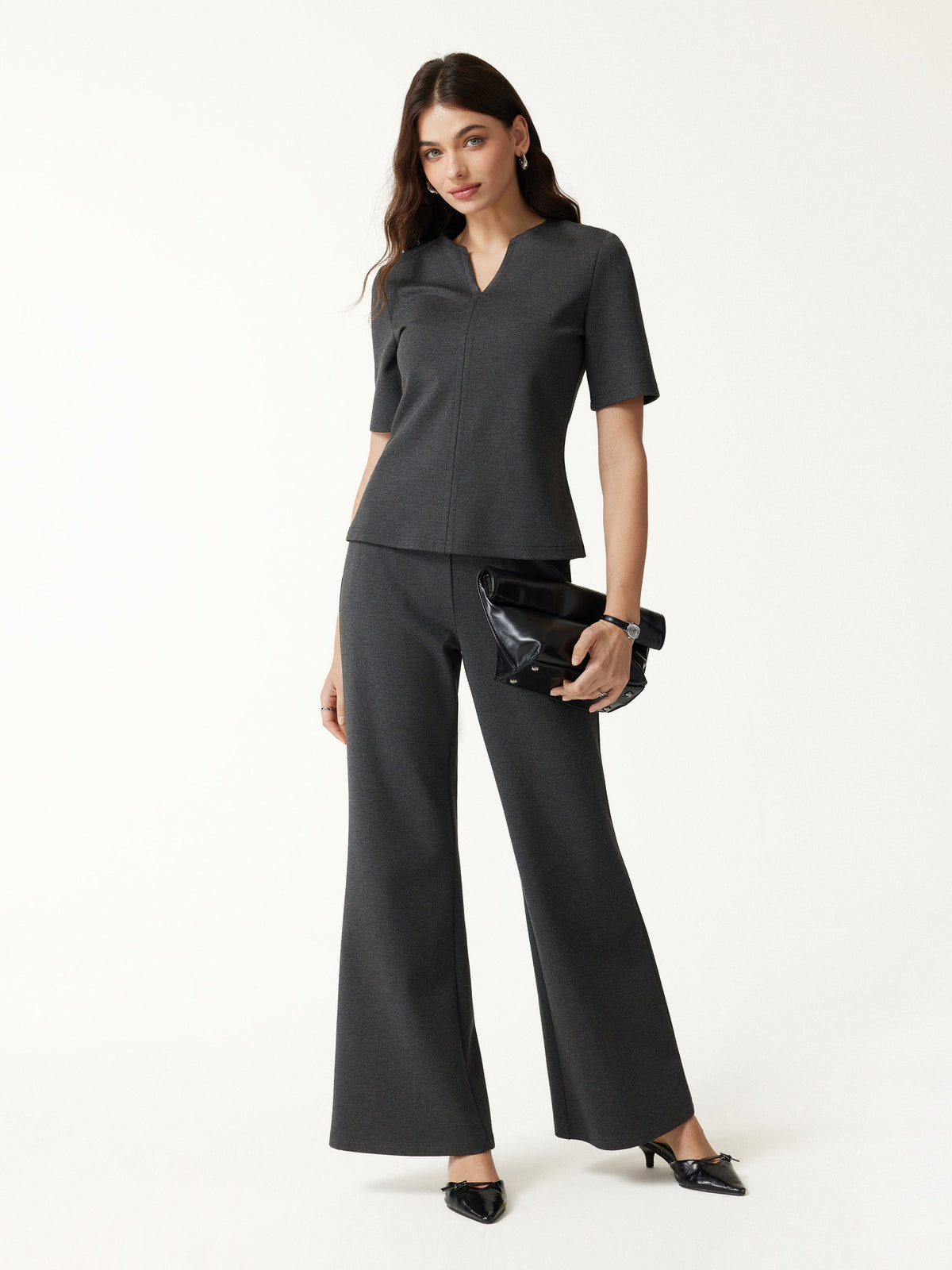 2Pcs Set V-Neck Short Sleeve Top & High-Rise Wide-Leg Pants with Pockets