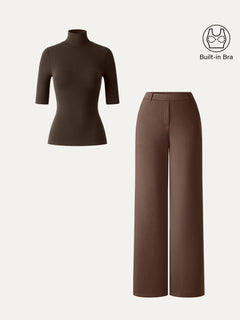 2Pcs Set Elbow Length Sleeve Bra Top & High-Rise Wide Leg Pants