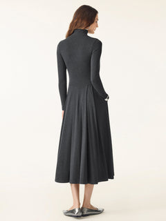 Light Warm Mockneck Pleated Midi Bra Dress with Pockets