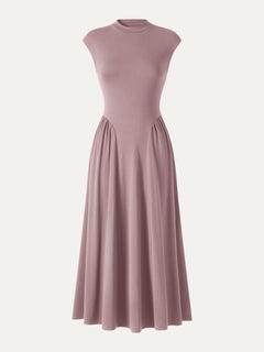 Ponte Mock Neck Ruched A-Line Midi Dress with Pockets