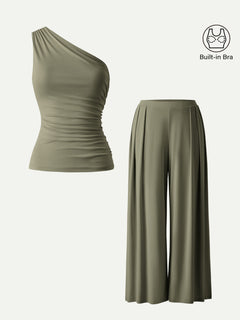 2Pcs Set Regular Wide Leg Palazzo Pant with Pockets & Ruched Bra Tank