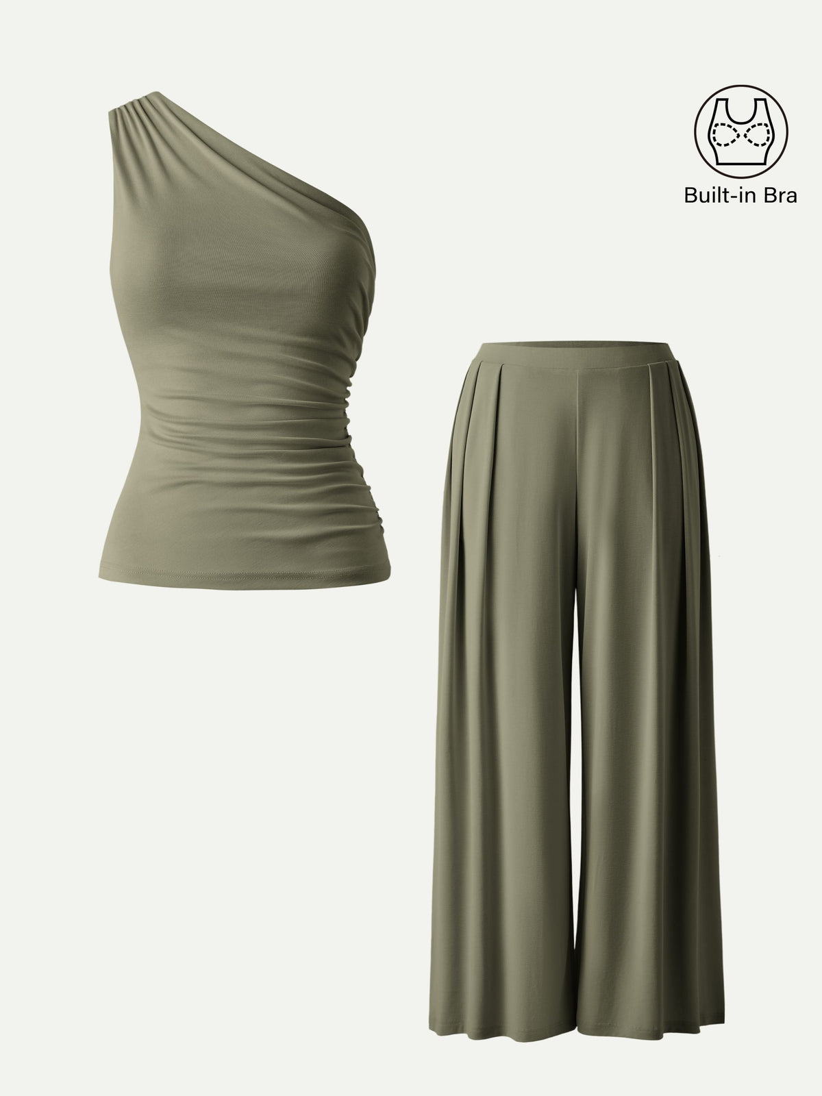 2Pcs Set Regular Wide Leg Palazzo Pant with Pockets & Ruched Bra Tank