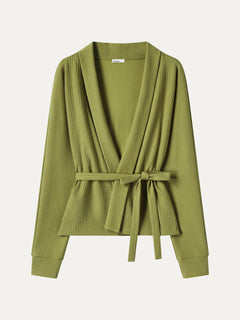 Textured Cotton Blend Lapel Belted Open-Front Jacket
