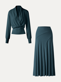 2Pcs Set Surplice Long Sleeve Banded Hem Top & A-Line Midi Skirt