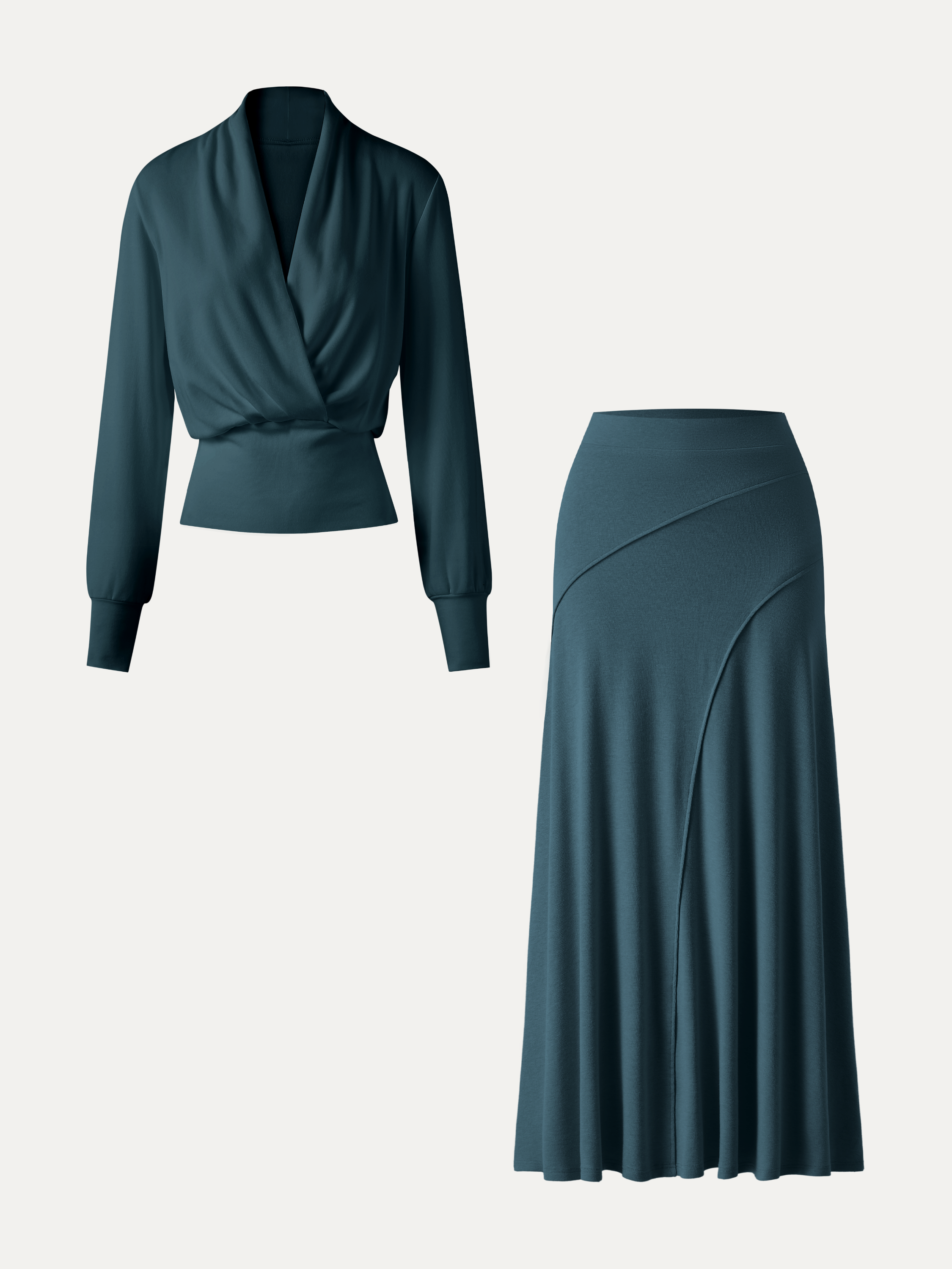2Pcs Set Surplice Long Sleeve Banded Hem Top & A-Line Midi Skirt