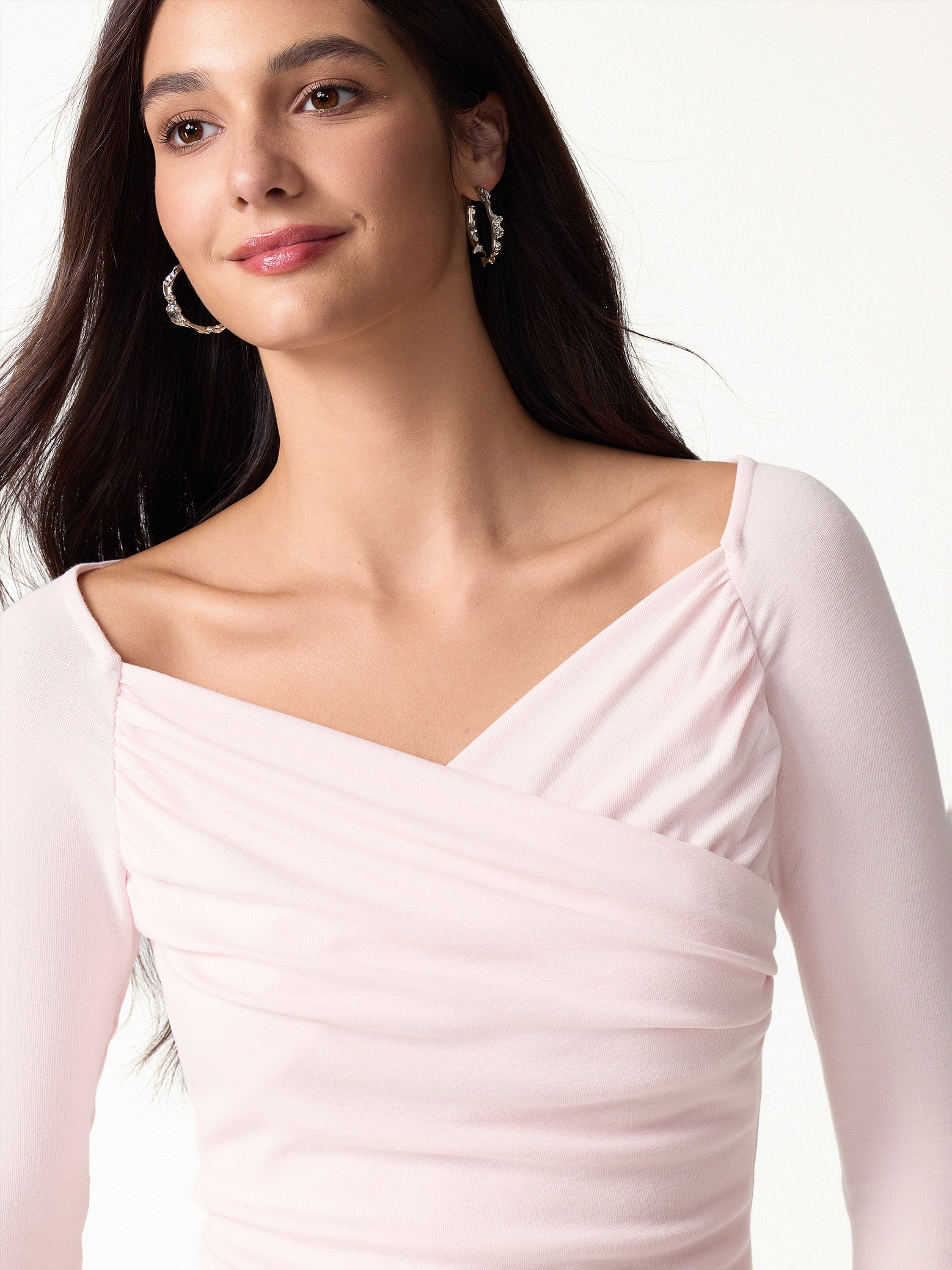 2Pcs Set Surplice Long Sleeve Ruched Top &  A-Line Midi Skirt