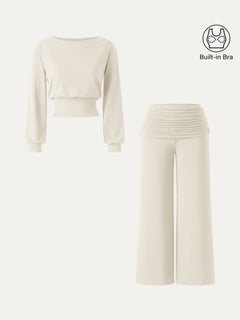 2Pcs Set Boatneck Bra & Drapey Wide Leg Pull-on Pants with Pockets
