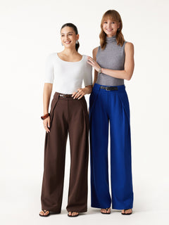 Ponte Mid-Rise  Wide-Leg Tuck Pants with Pockets