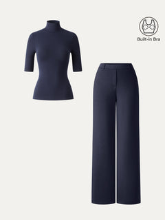 2Pcs Set Elbow Length Sleeve Bra Top & High-Rise Wide Leg Pants