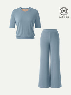 2Pcs Set Petite Wide Leg Pant with Pockets & Crewneck Bra Top