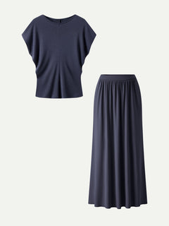 2Pcs Set Round Neck Top & A-Line Maxi Skirt