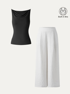 2Pcs Set Cowl Neck Bra Tank & Mid Rise Wide Leg Pant with Pockets
