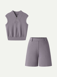 2Pcs Set Banded Hem Travel Top & Shorts with Pockets