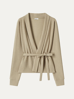 Textured Cotton Blend Lapel Belted Open-Front Jacket