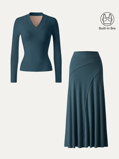 2Pcs Set V-neck Wide Binding Bra Top & Drapey A-Line Maxi Skirt