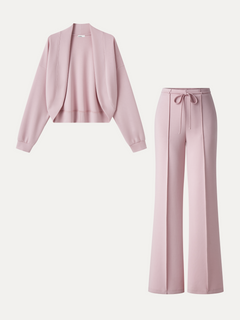 2Pcs Set Long Sleeve Drop-Shoulder Cardigan & High-Rise Flare Pants with Pockets
