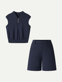 2Pcs Set Banded Hem Travel Top & Shorts with Pockets
