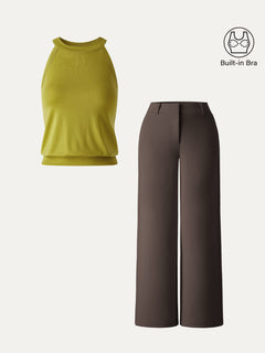 2Pcs Set Halter Neck Bra Top & Mid Rise Fly-Front Wide Leg Trousers