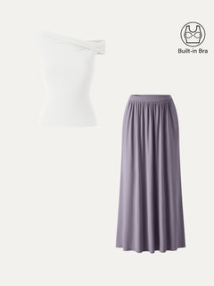 2Pcs Set Multi-wear Necklines Bra Top & Gathered A-Line Maxi Skirt with Pockets