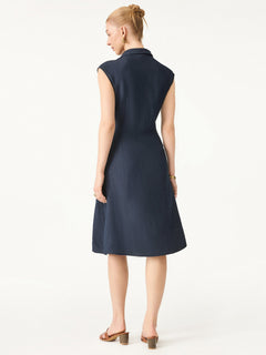 Viscose-Linen V-neck Midi Dress with Drawstring