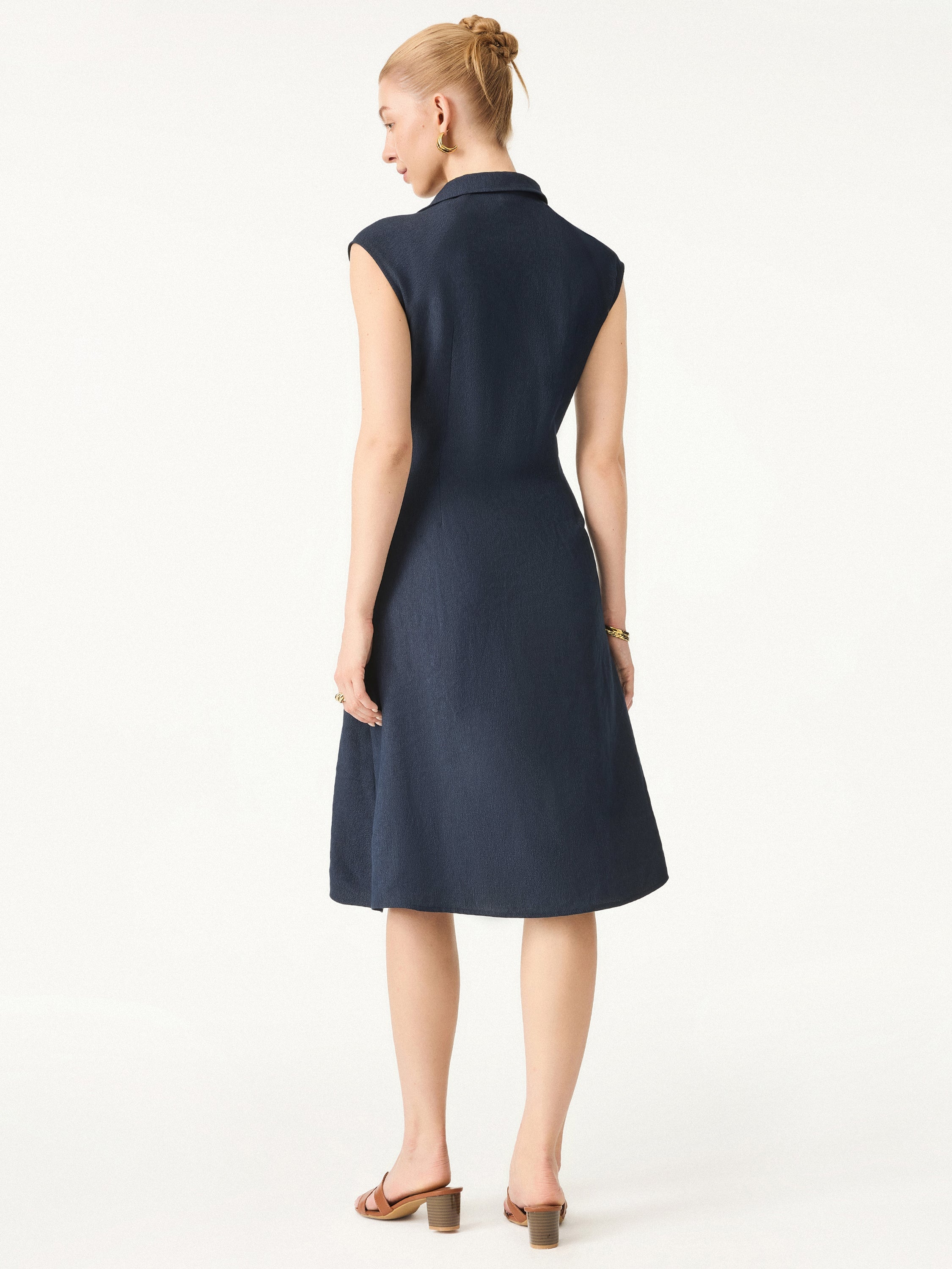 Viscose-Linen V-neck Midi Dress with Drawstring