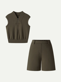 2Pcs Set Banded Hem Travel Top & Shorts with Pockets