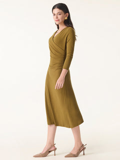 Eco-Mousse® Surplice 3/4 Sleeve Side-Tuck Midi Dress