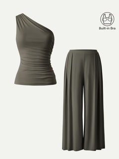 2Pcs Set Regular Wide Leg Palazzo Pant with Pockets & Ruched Bra Tank