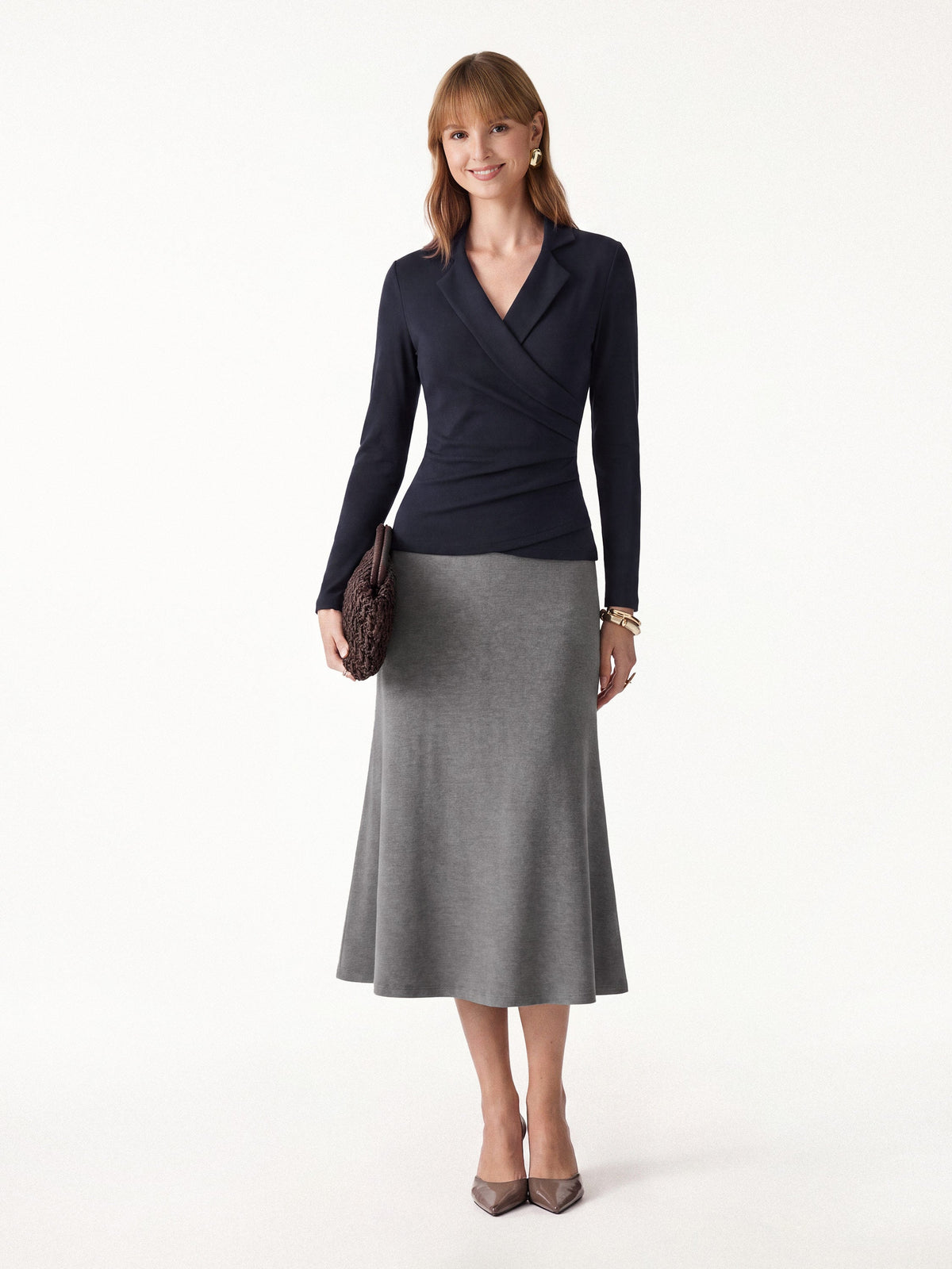 2Pcs Set Eco-Mousse® Collared Surplice Top & Soft Thermal Pull-On Midi Skirt