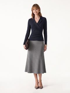 2Pcs Set Eco-Mousse® Collared Surplice Top & Soft Thermal Pull-On Midi Skirt