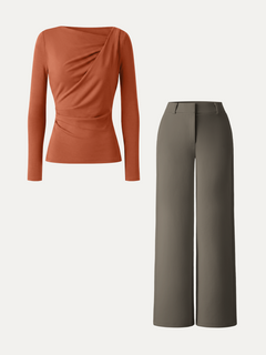 2Pcs Set Asymmetrical Neck Long Sleeve Top & Mid Rise Wide Leg Trouser